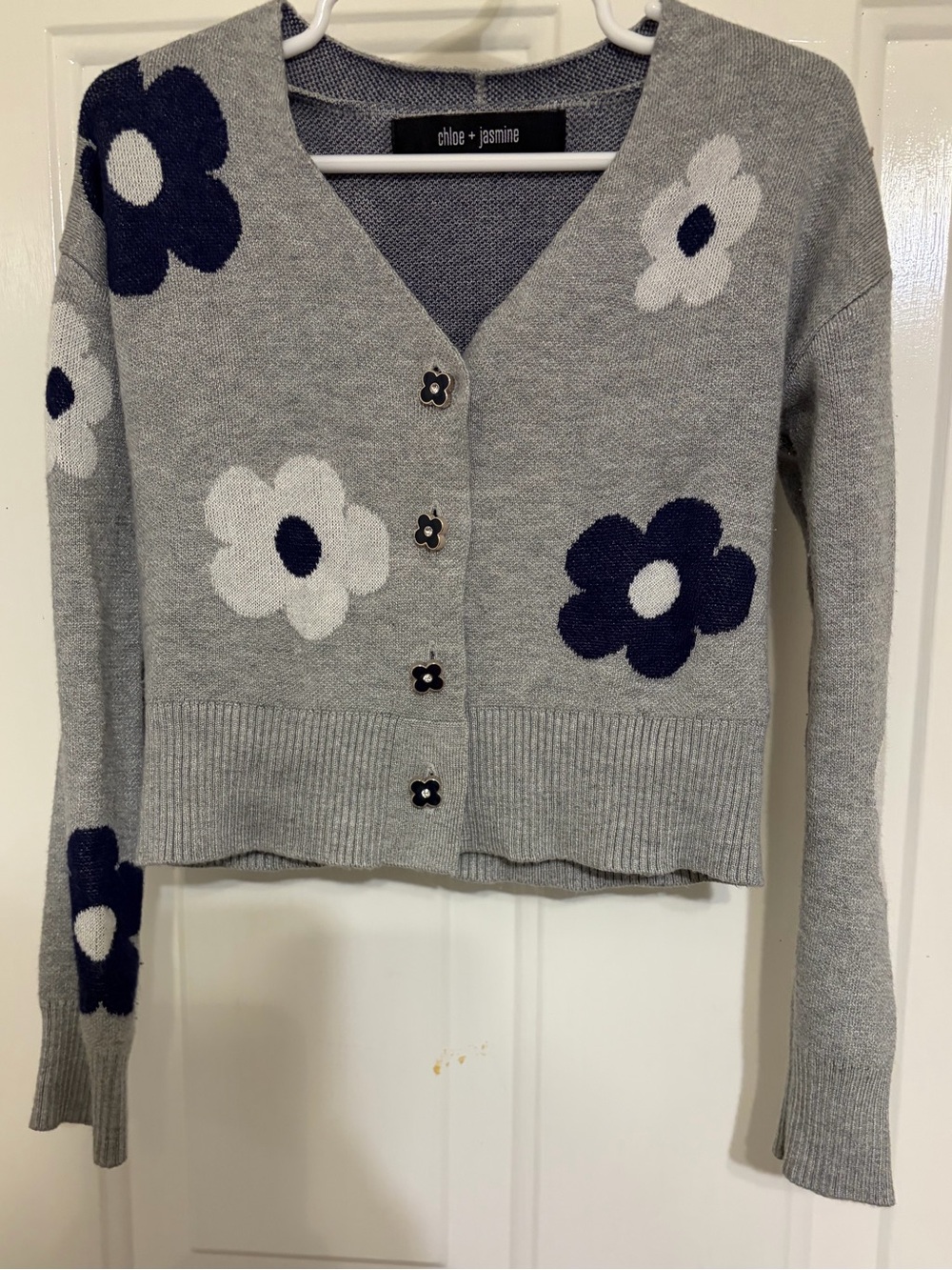 Chloe + Jasmine Gray & Floral Intarsia Button Up Cropped Cardigan Sweater Size 5